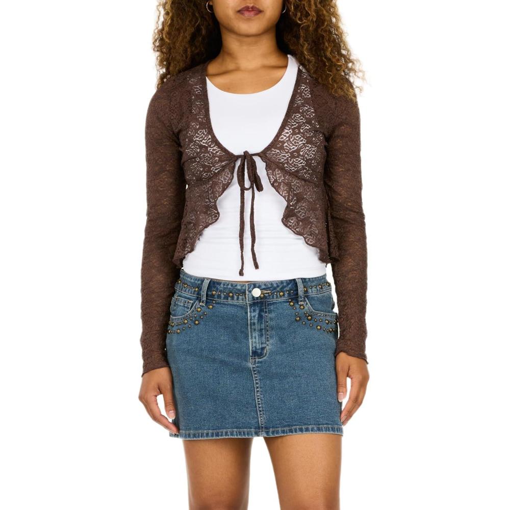 imageForever 21 Womens Lace Tie Front Shrug  Long Sleeve Sheer Cropped CoverUp with Ruffle Hem