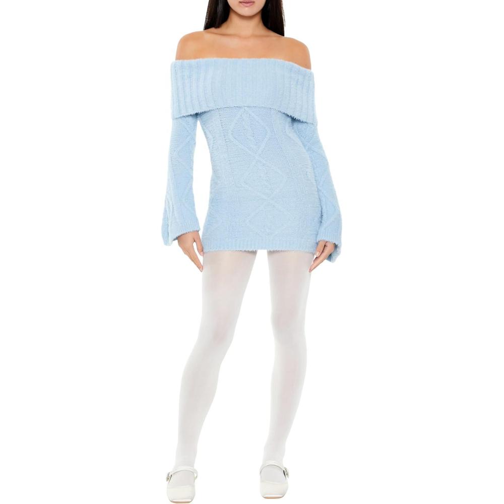 imageForever 21 Womens OffTheShoulder Mini Sweater DressStone Blue