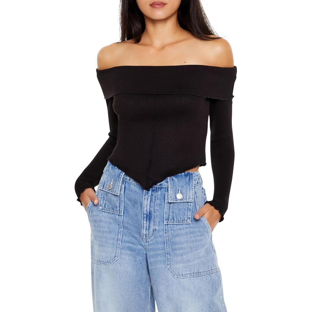 imageForever 21 Womens OffTheShoulder VHem Crop TopBlack