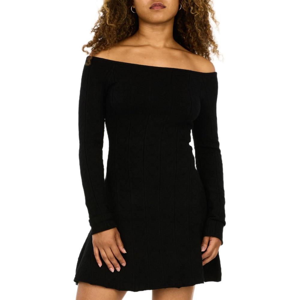 imageForever 21 Womens Pointelle Off The Shoulder Long Sleeve Flare Mini DressBlack