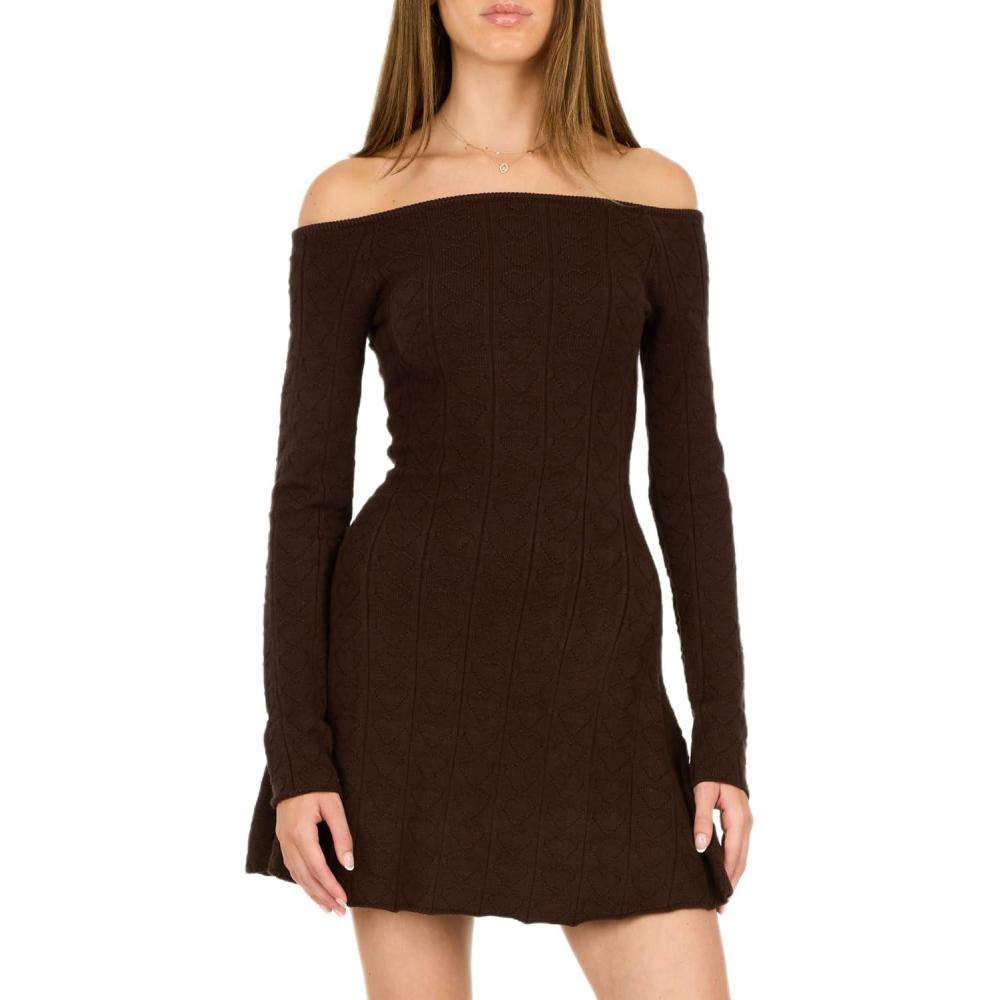 imageForever 21 Womens Pointelle Off The Shoulder Long Sleeve Flare Mini DressBrown