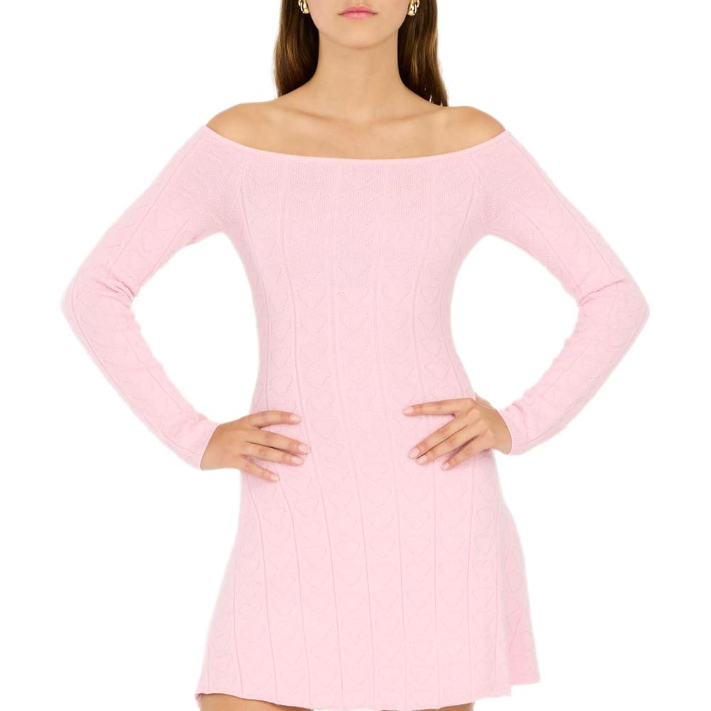 imageForever 21 Womens Pointelle Off The Shoulder Long Sleeve Flare Mini DressPink