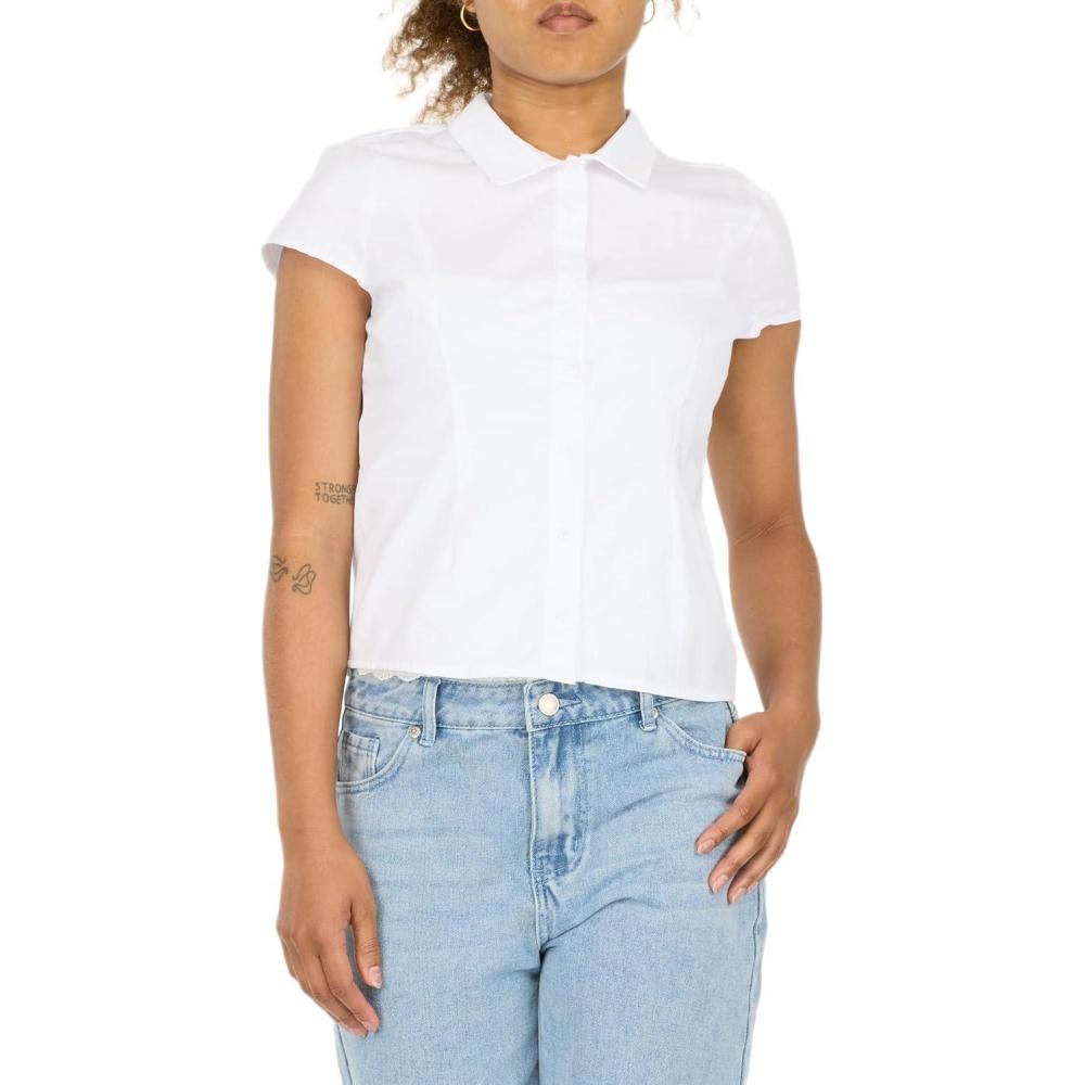 imageForever 21 Womens Poplin Button Down Collard Shirt with Self Tie BackWhite