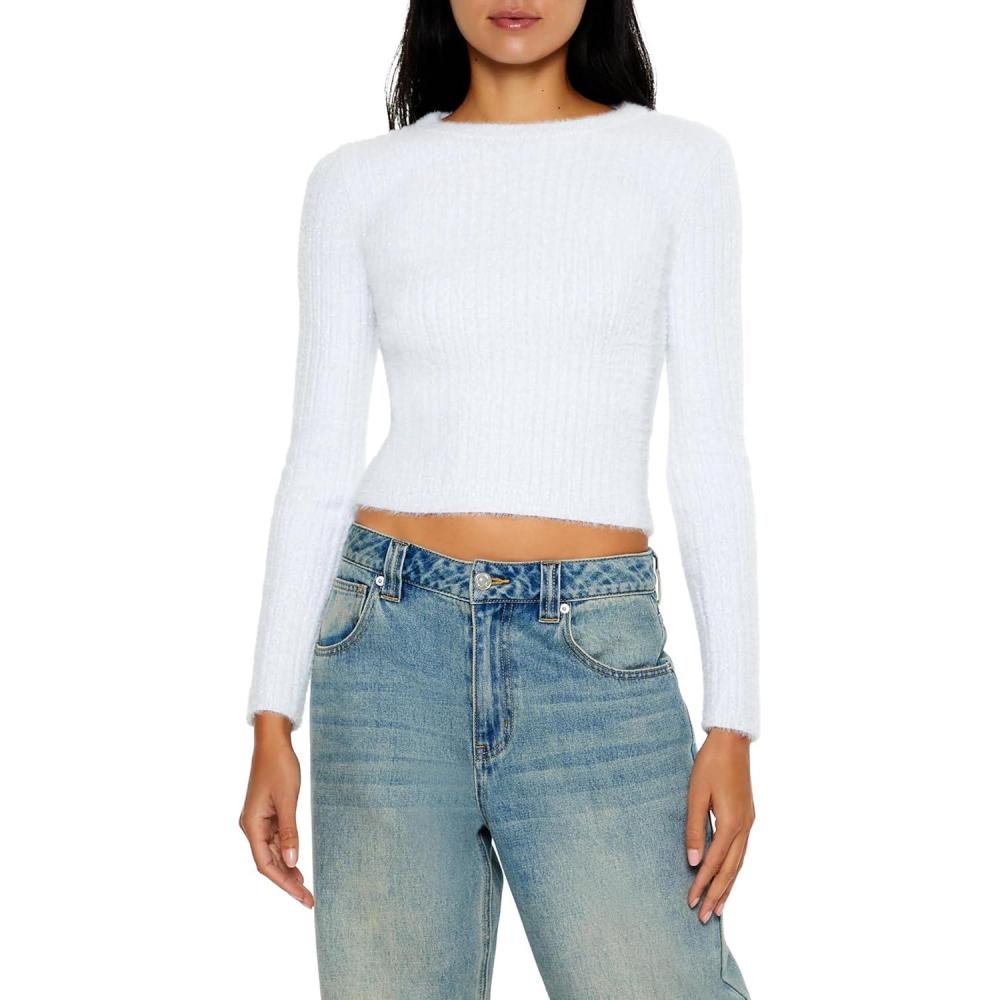 imageForever 21 Womens Ribbed Fuzzy Knit SweaterWhite