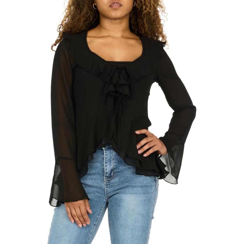 imageForever 21 Womens Tie Front Top with Flounce Sleeves and Flyaway HemBlack