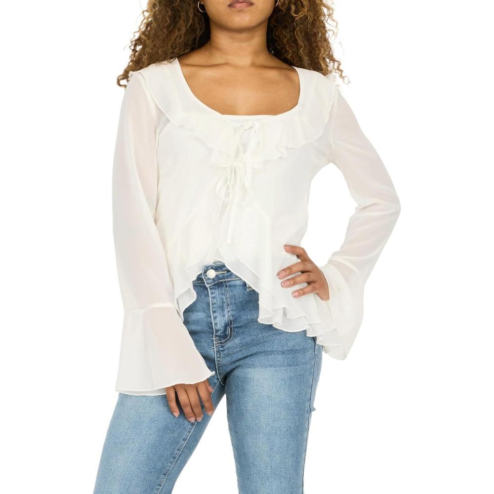 imageForever 21 Womens Tie Front Top with Flounce Sleeves and Flyaway HemIvory