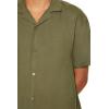 Forever 21 Men’s Linen-Blend Cuban-Collar Shirt(Olive)