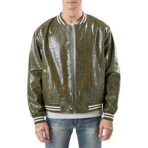 Forever 21 Men’s Faux Croc Varsity Bomber Jacket(Olive)