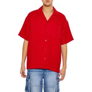 Forever 21 Mens Waffle Knit Cuban Collar Shirt(Red)