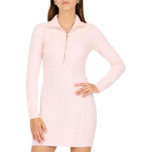 Forever 21 Womens 1/4 Zip Sweater Dress with Collar and Sleeve Cuffs – Cable Knit(Pink)