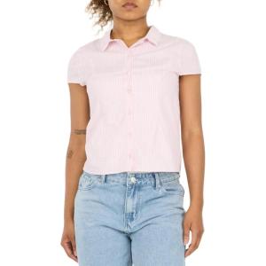 Forever 21 Womens Poplin Button Down Collard Shirt with Self Tie Back(Pink)
