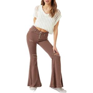 Forever 21 Womens Recycled Cotton Distressed Flare Jeans(Brown)