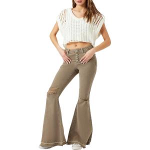 Forever 21 Womens Recycled Cotton Distressed Flare Jeans(Olive)