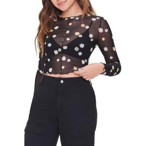 Forever 21 Womens Sheer Mesh Floral Print Top(Black)