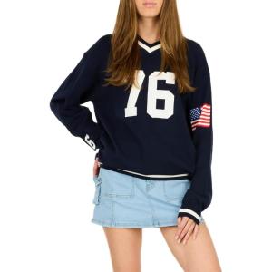 Forever 21 Women’s Sweater with Tipping and Embroidery, Navy, X-Large