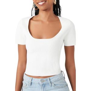Forever 21 Womens Sweater-Knit Scoop-Neck Tee(White)