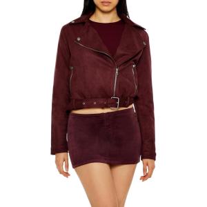Forever 21 womens Faux Suede Cropped Moto Jacket(Merlot)