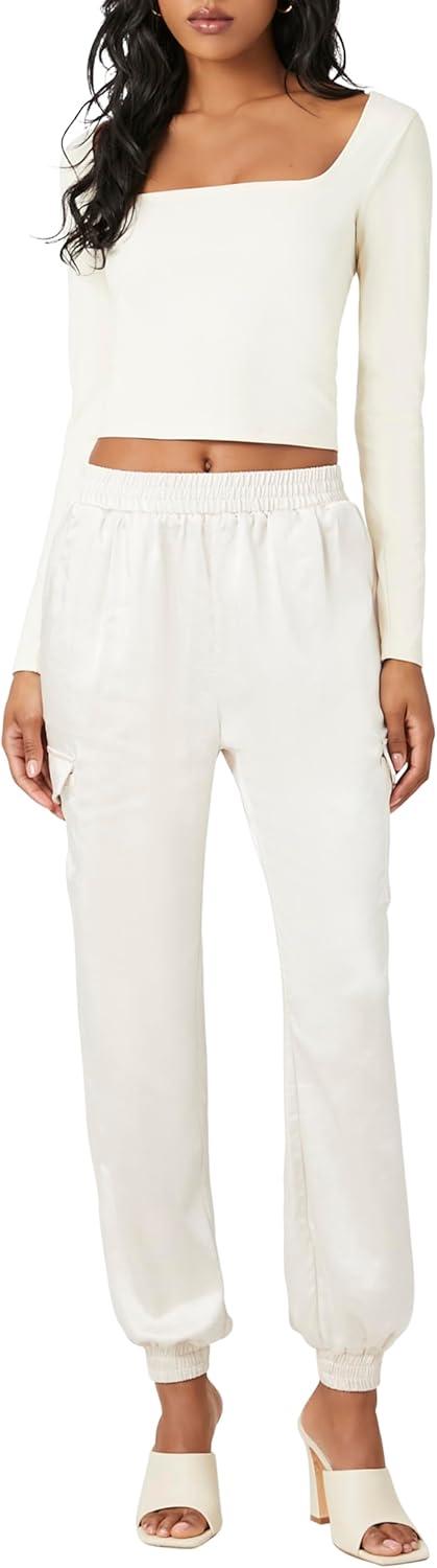 imageForever 21 Womens Satin HighRise JoggersWhite