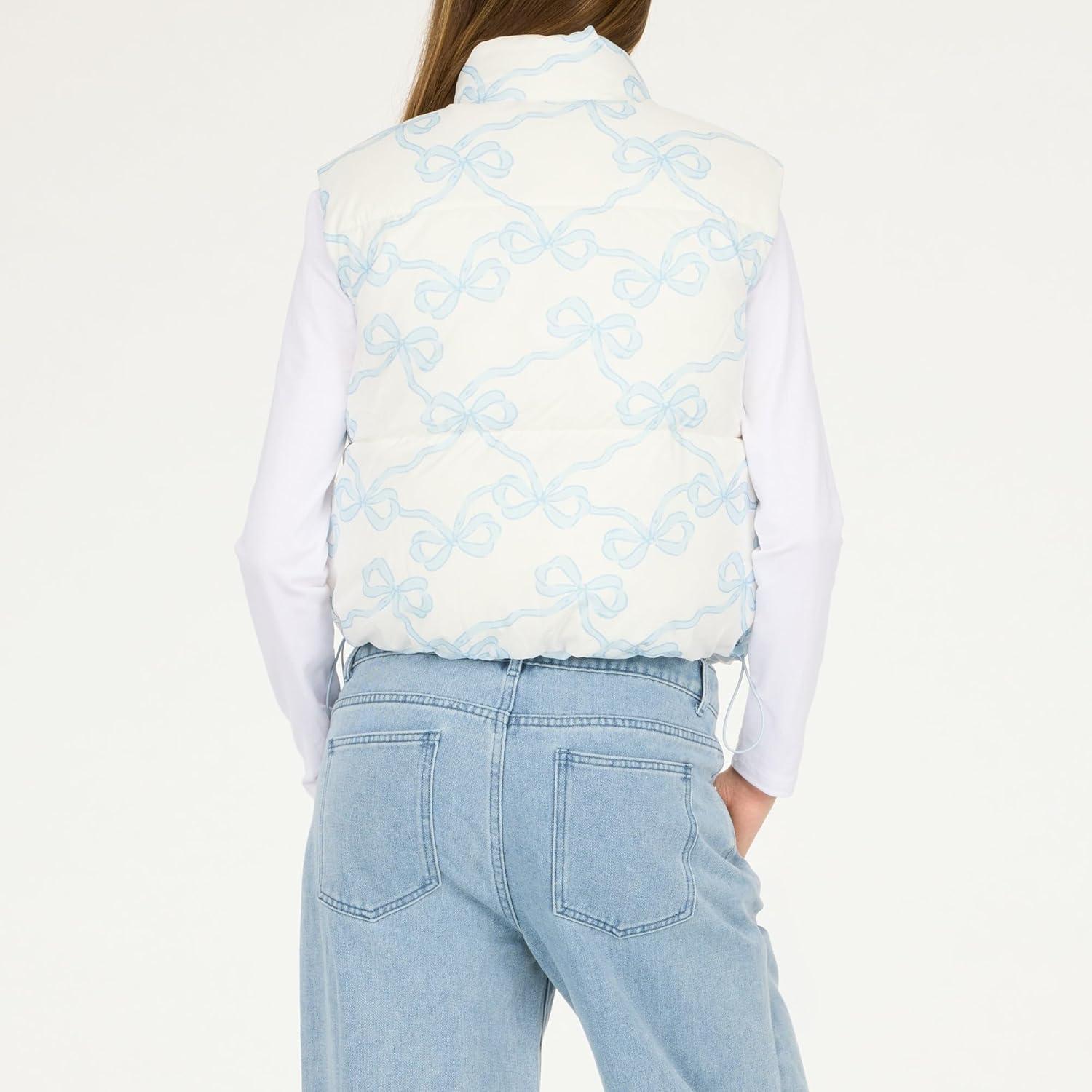 imageForever 21 womens Printed Puffer Vest Lightweight Quilted Zipup OuterwearWhite