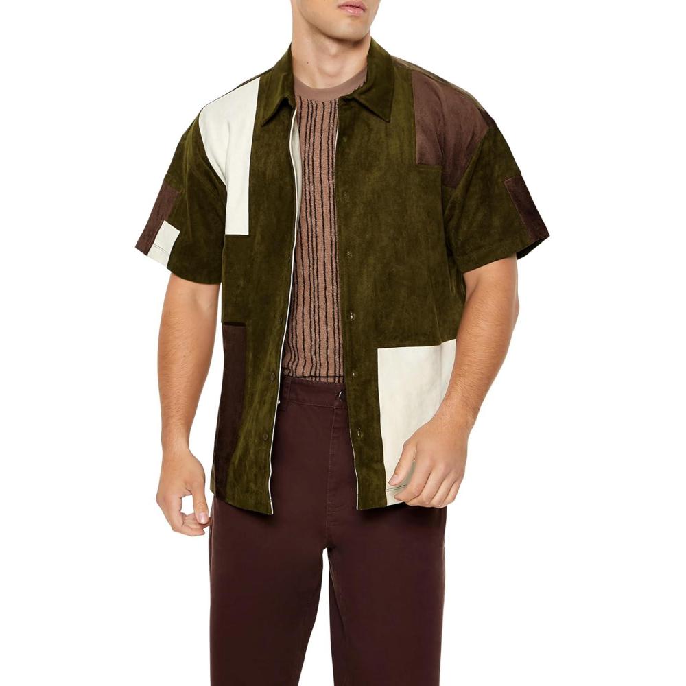 imageForever 21 Mens MultiColorblock Faux Suede ButtonFront ShirtGreen