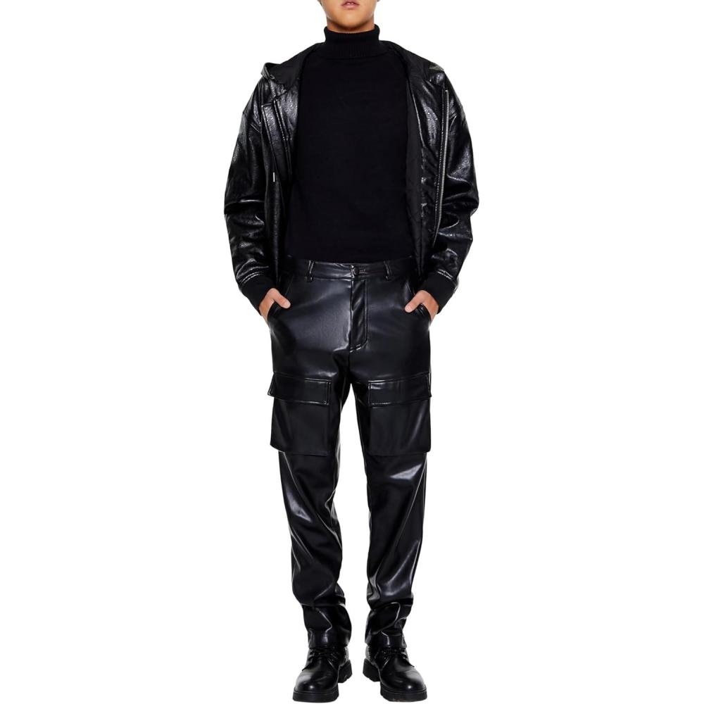 imageForever 21 Mens Slimfit Faux Leather Cargo PantsBlack