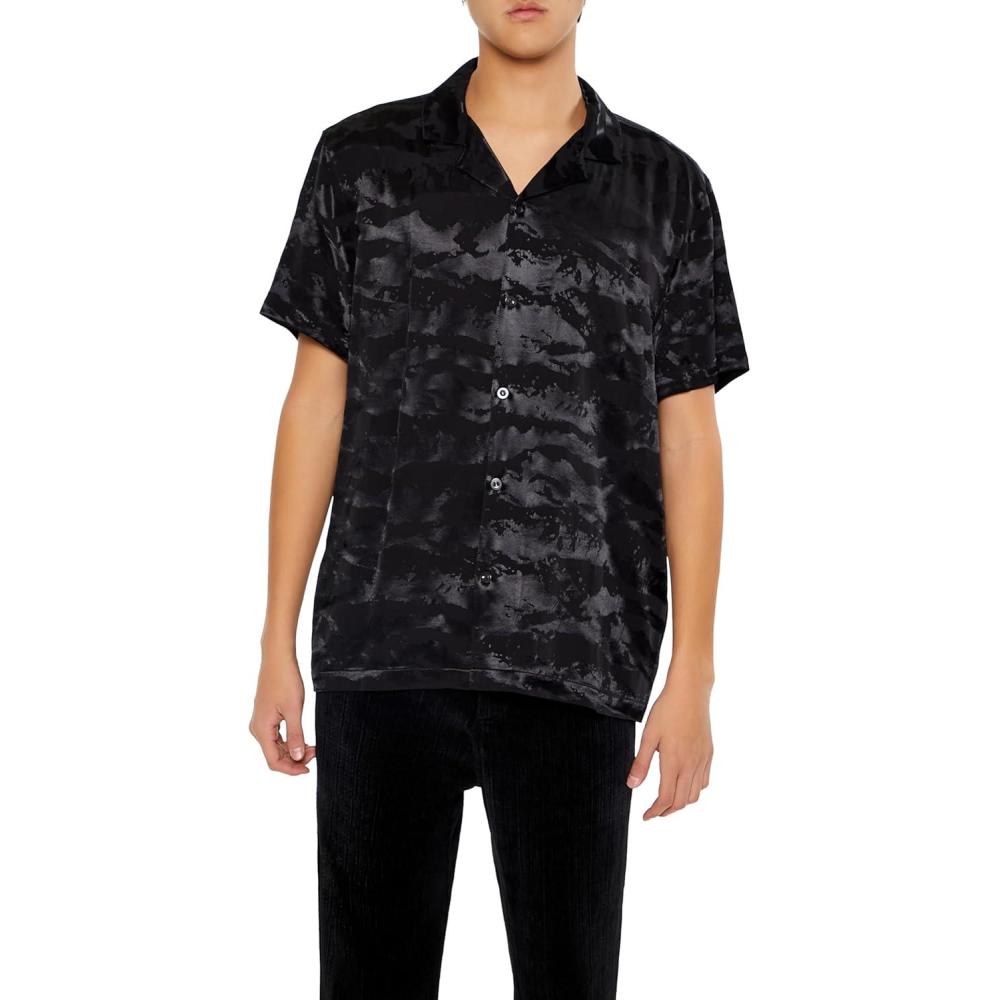 imageForever 21 Mens Striped Abstract Jacquard ShirtBlack
