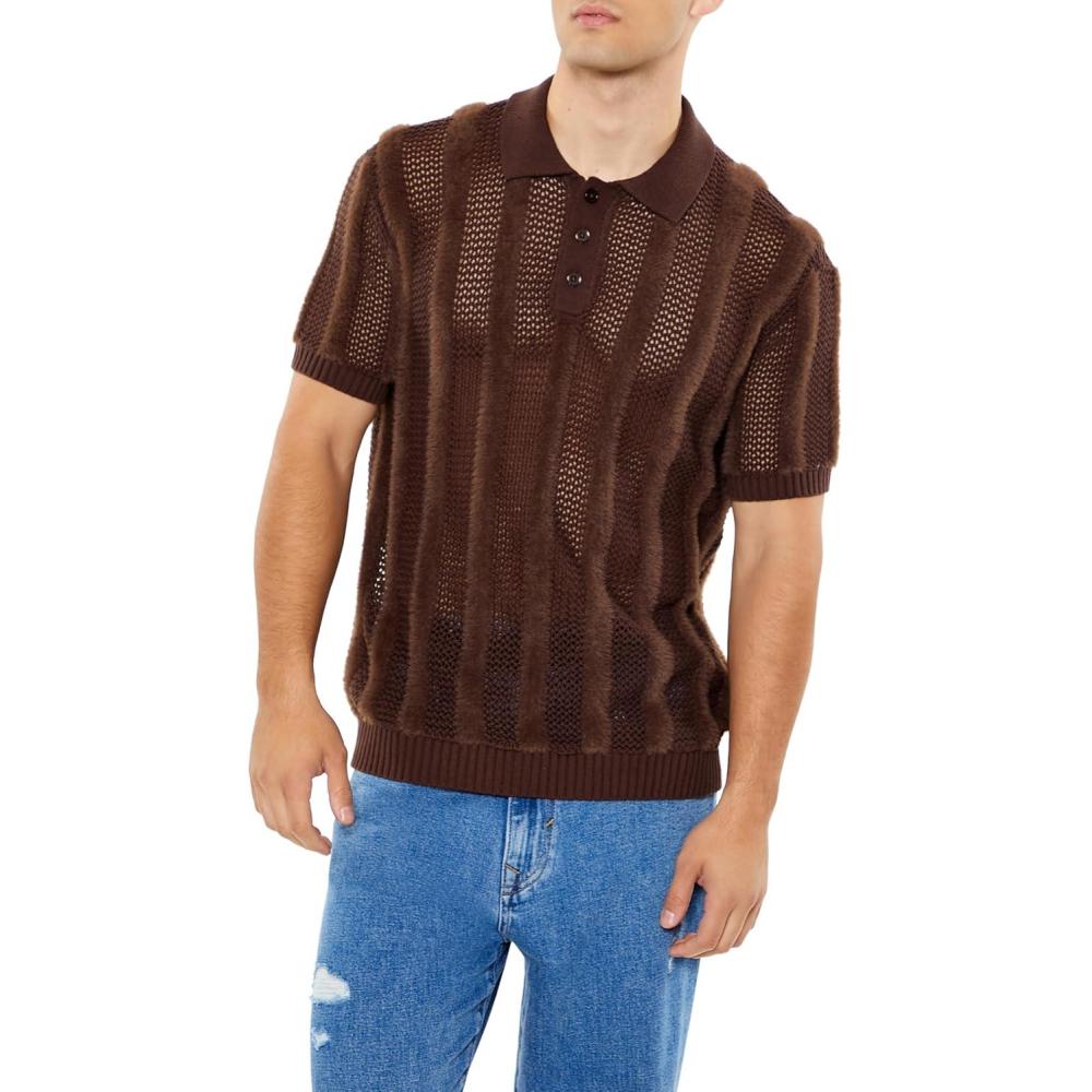 imageForever 21 Mens Striped SweaterKnit Polo ShirtBrown