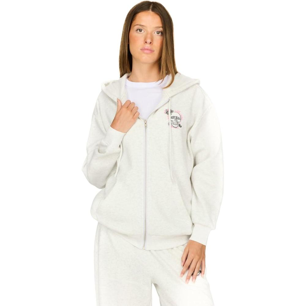 imageForever 21 Womens Boyfriend Fit Graphic ZipUp Hoodie  Oversized CottonBlend Fleece Sweatshirt with Full Zip Drawstring Hood