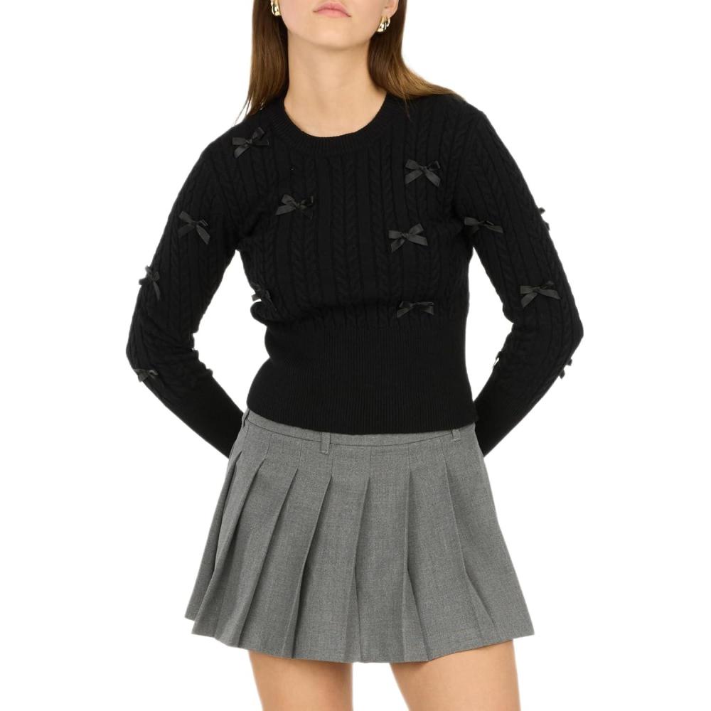 imageForever 21 Womens Cable Knit Sweater WRibbed Hem Cuff and Collar with Bows Same as 79720jcrBlack