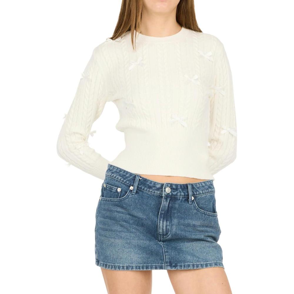 imageForever 21 Womens Cable Knit Sweater WRibbed Hem Cuff and Collar with Bows Same as 79720jcrGardenia