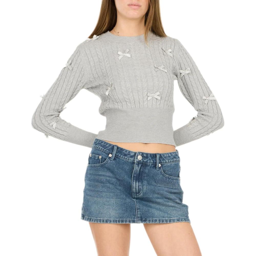 imageForever 21 Womens Cable Knit Sweater WRibbed Hem Cuff and Collar with Bows Same as 79720jcrHeather Grey