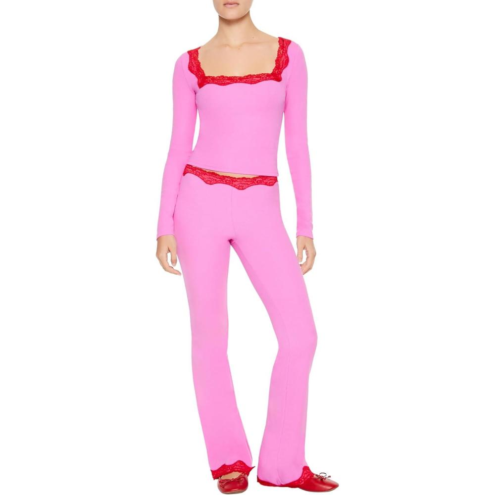 imageForever 21 Womens LaceTrim Flare LeggingsPinkRed