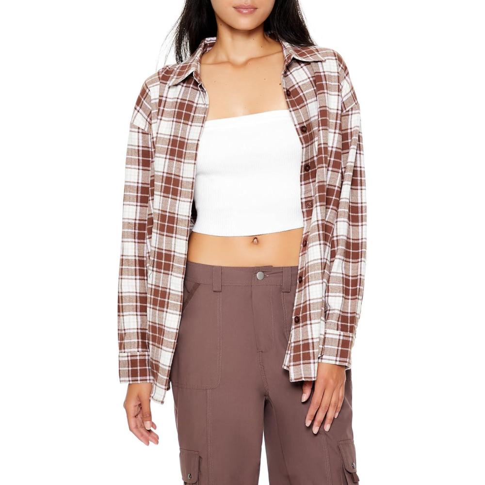 imageForever 21 Womens Oversized Flannel ShirtBrownWhite
