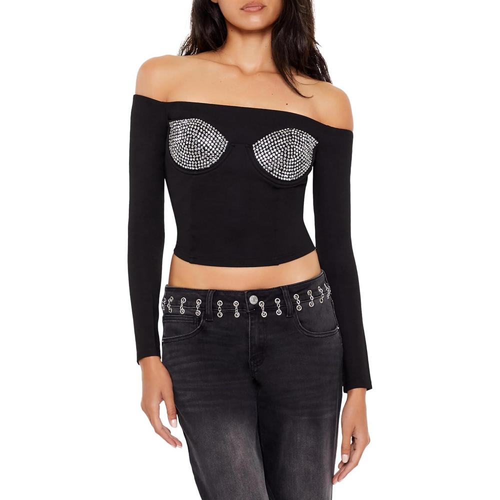 imageForever 21 Womens Rhinestone OffTheShoulder TopBlack