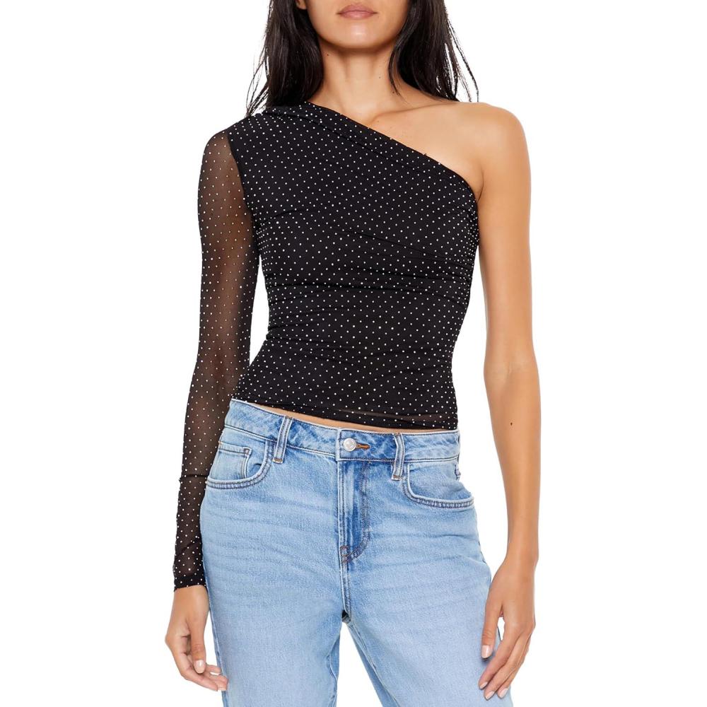 imageForever 21 Womens Rhinestone OneShoulder Crop TopBlack