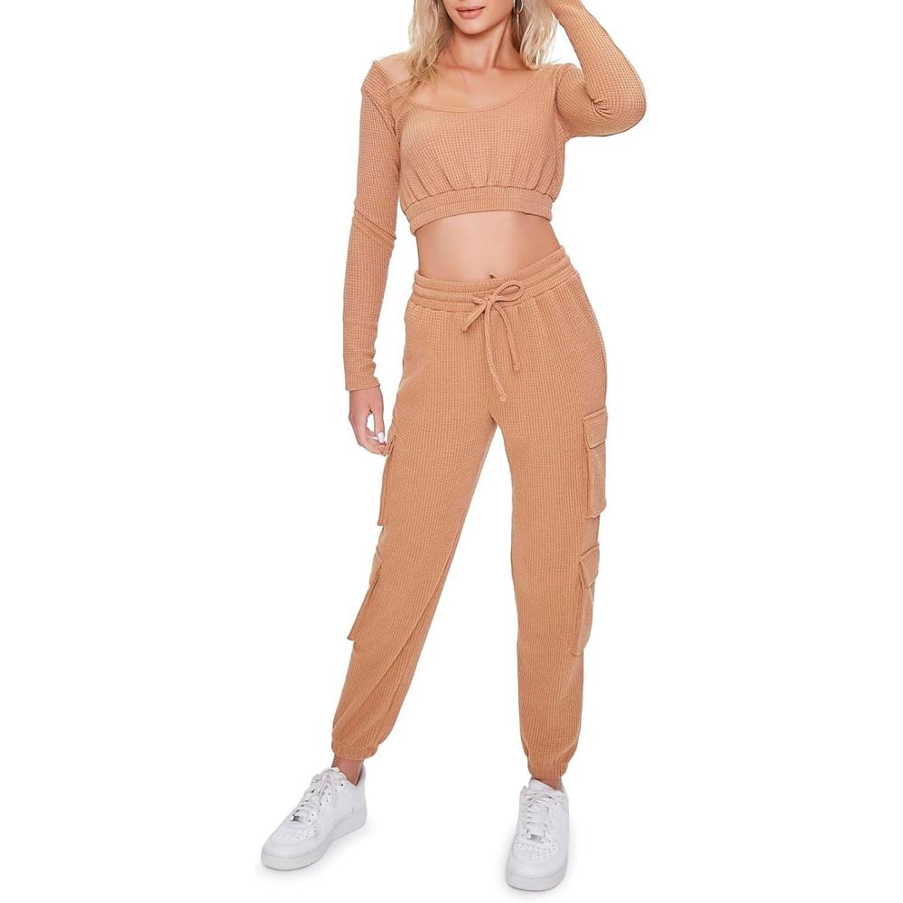 imageForever 21 Womens Waffle Knit Cargo JoggersCamel