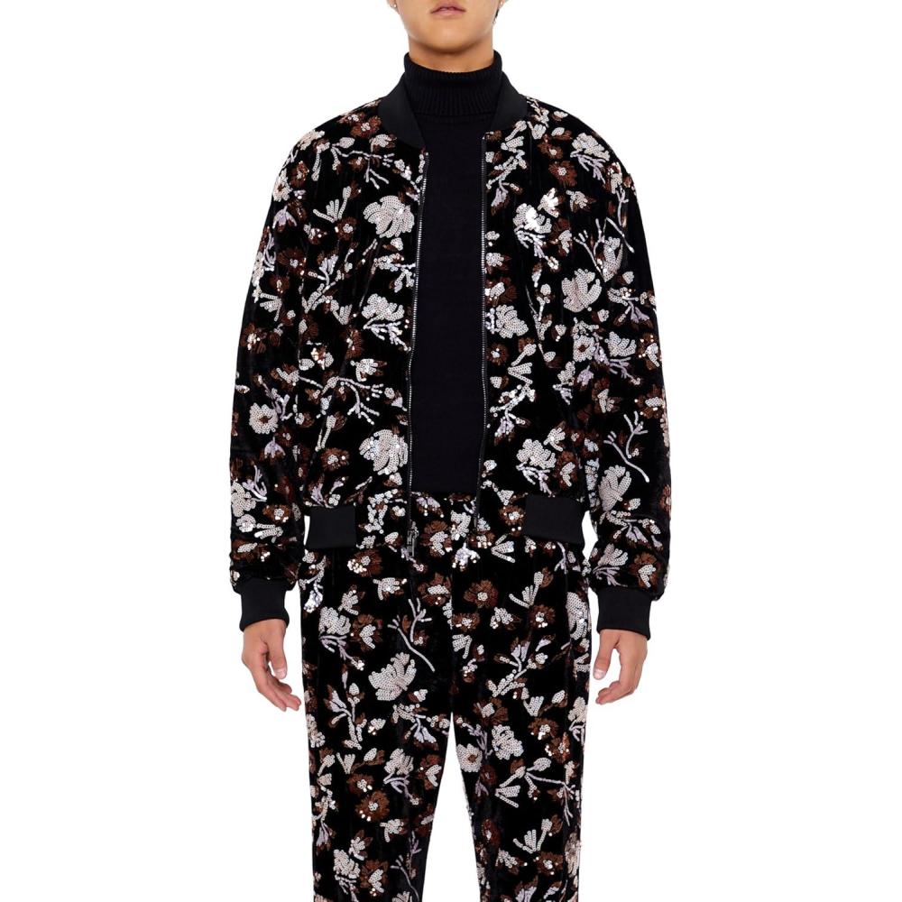 imageForever 21 mens Sequin Floral Bomber JacketBlackMulti