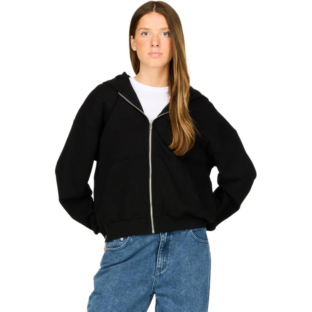 imageForever 21 womens Full Zip Front Sweatshirt With Drawstring HoodBlack