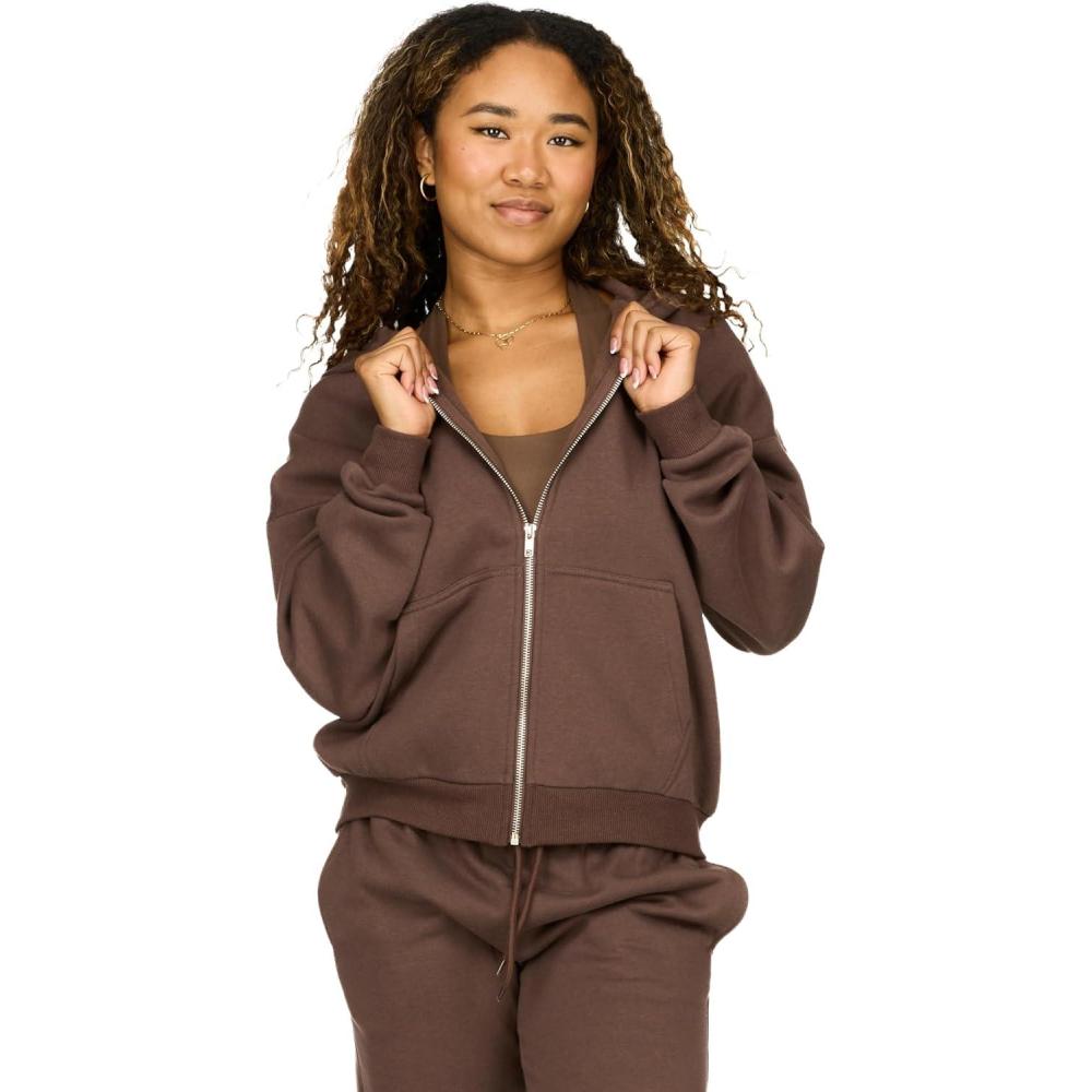 imageForever 21 womens Full Zip Front Sweatshirt With Drawstring HoodBrown