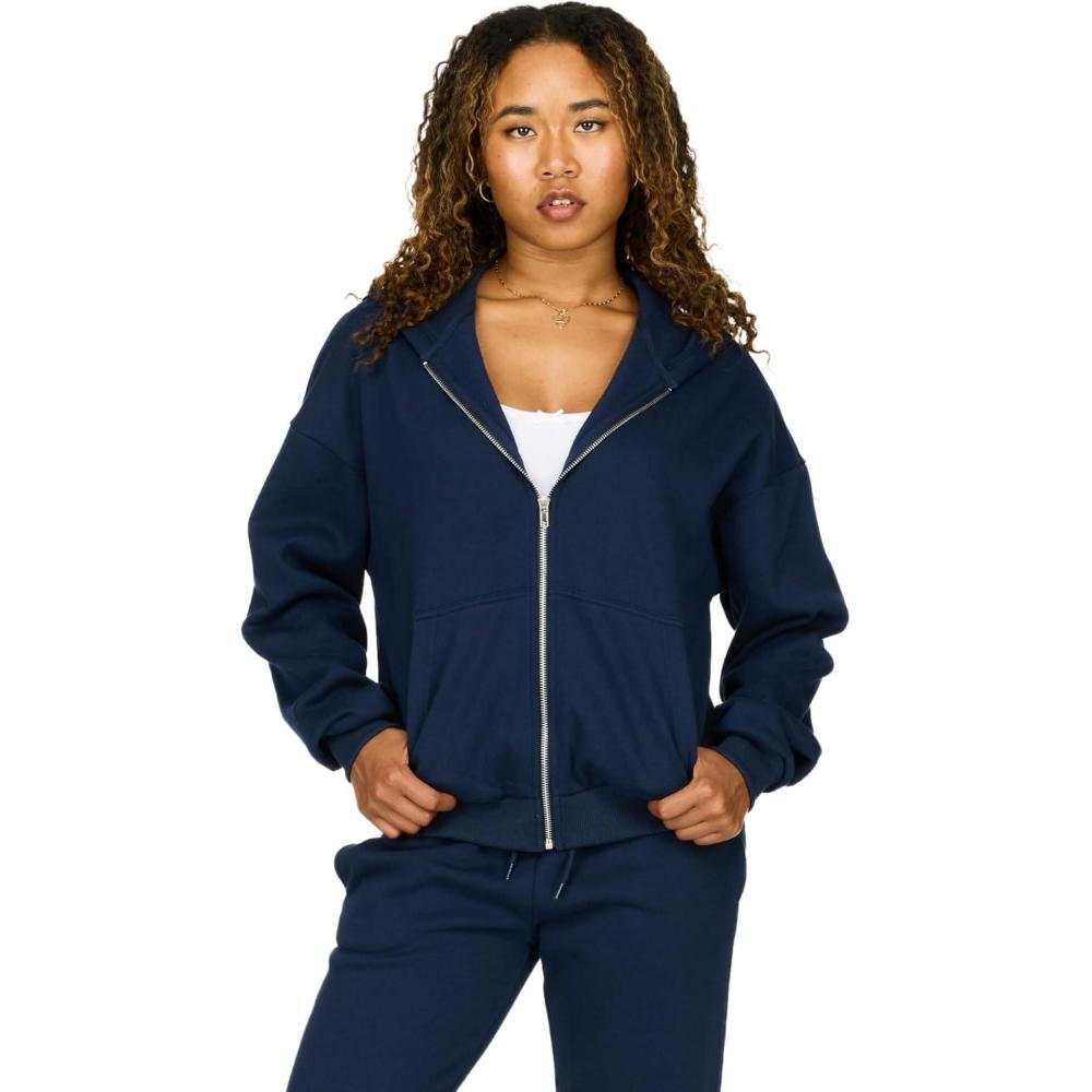 imageForever 21 womens Full Zip Front Sweatshirt With Drawstring HoodNavy
