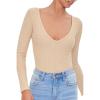 Forever 21 womens Plunging Waffle Knit Bodysuit(Tan)
