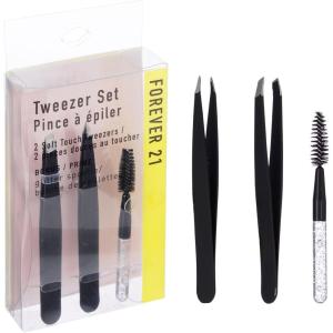 3pc Black Tweezer Set & Glitter Spoolie – Hair Removal Tweezers,Angled and Pointed Tweezer Set, Precision Tweezers & Eyelash Spoolie Set(Black)