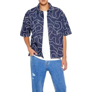 Forever 21 Men’s Cropped Chain-Stitched Embroidered Shirt(Blue)