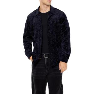 Forever 21 Men’s Crushed Velvet Button-Front Shirt(Black)