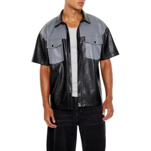 Forever 21 Mens Faux Leather Colorblock Shirt(Black)
