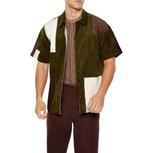 Forever 21 Mens Multi-Colorblock Faux Suede Button-Front Shirt(Green)