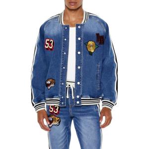 Forever 21 Men’s Patch Denim Bomber Jacket(Medium Denim)
