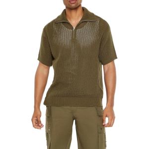 Forever 21 Mens Sweater-Knit Half-Zip Shirt(Olive)