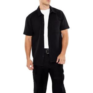 Forever 21 Mens Waffle Textured Pocket Button-Front Shirt(Black)