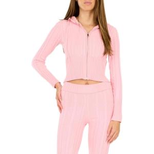 Forever 21 Womens Cable Knit Zip Up Sweater with Hood and Drawstring. Thick Rib Band at Waist and Sleeve Cuffs.(Pink)